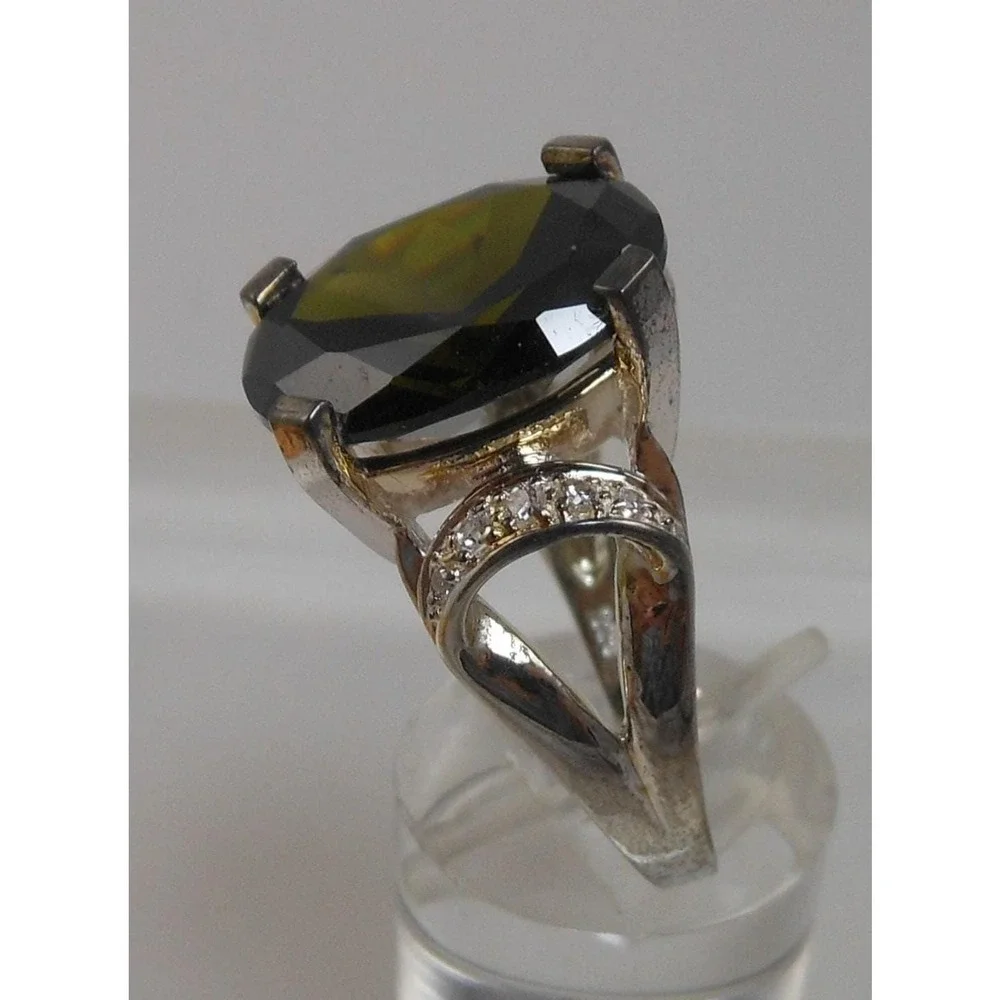 Vintage 1990's Sterling Silver Dark Green CZ Cocktail Statement Ring Size‎ 8